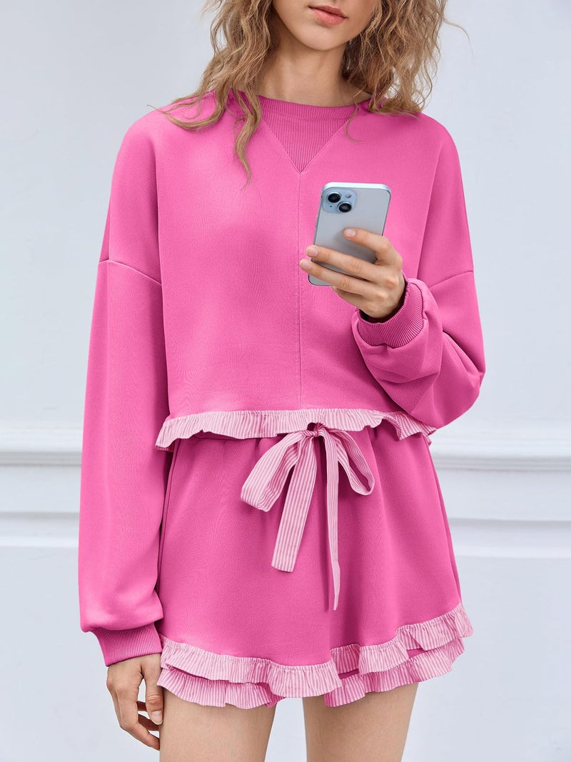 Fisoew Women's 2 Piece Lounge Sets Ruffle Color Block Cropped Sweatshirts Casual Drawstring Shorts Fall Loose Sweatsuits - Image 4