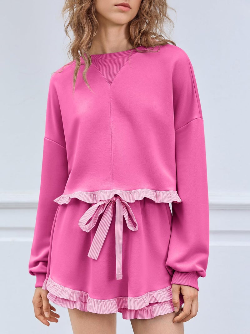 Fisoew Women's 2 Piece Lounge Sets Ruffle Color Block Cropped Sweatshirts Casual Drawstring Shorts Fall Loose Sweatsuits - Image 2