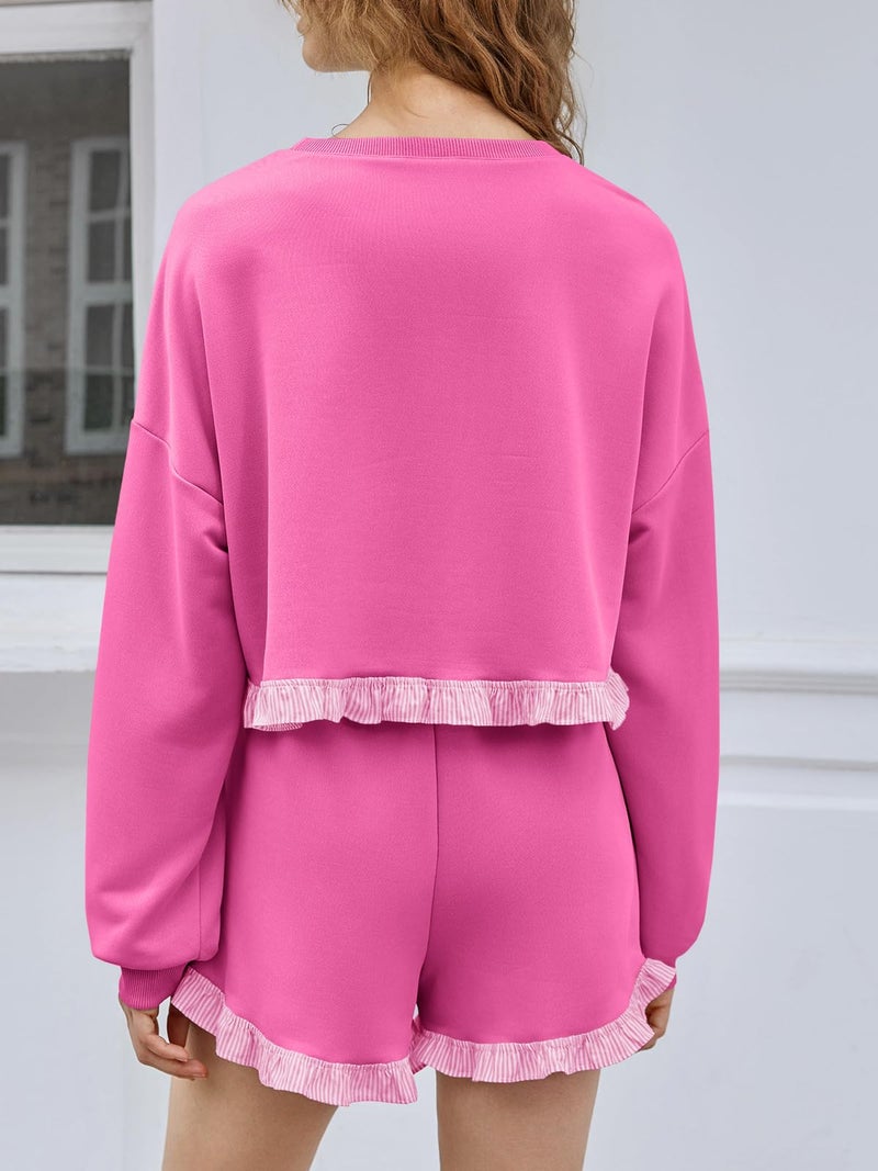 Fisoew Women's 2 Piece Lounge Sets Ruffle Color Block Cropped Sweatshirts Casual Drawstring Shorts Fall Loose Sweatsuits - Image 3