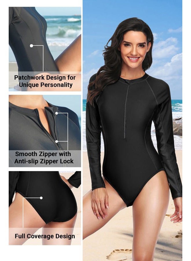 Daci Women Rash Guard Long Sleeve One Piece Swimsuit Zipper Surfing Bathing Suit UPF 50, Black 3, L - Image 4