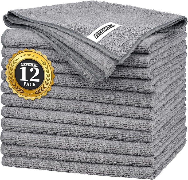 FIXSMITH Grey Microfiber Cleaning Cloth - Pack of 12, Highly Absorbent All Purpose Towels - Image 1