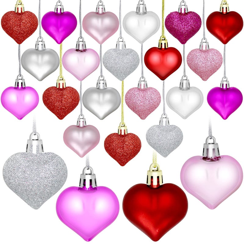 48 Pieces Valentines Day Heart Baubles Ornaments Valentines Day Heart Shaped Ornaments for Valentines Day Decoration or Wedding Anniversary Party Supplies 4 Colors in 3 Styles