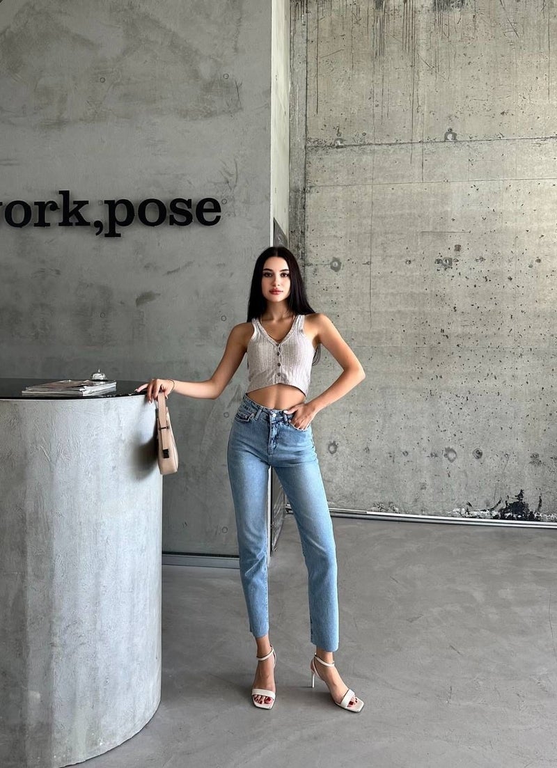 Ded Collection Women's Cut Leg Light Color High Waist Jeans Trousers - Image 2