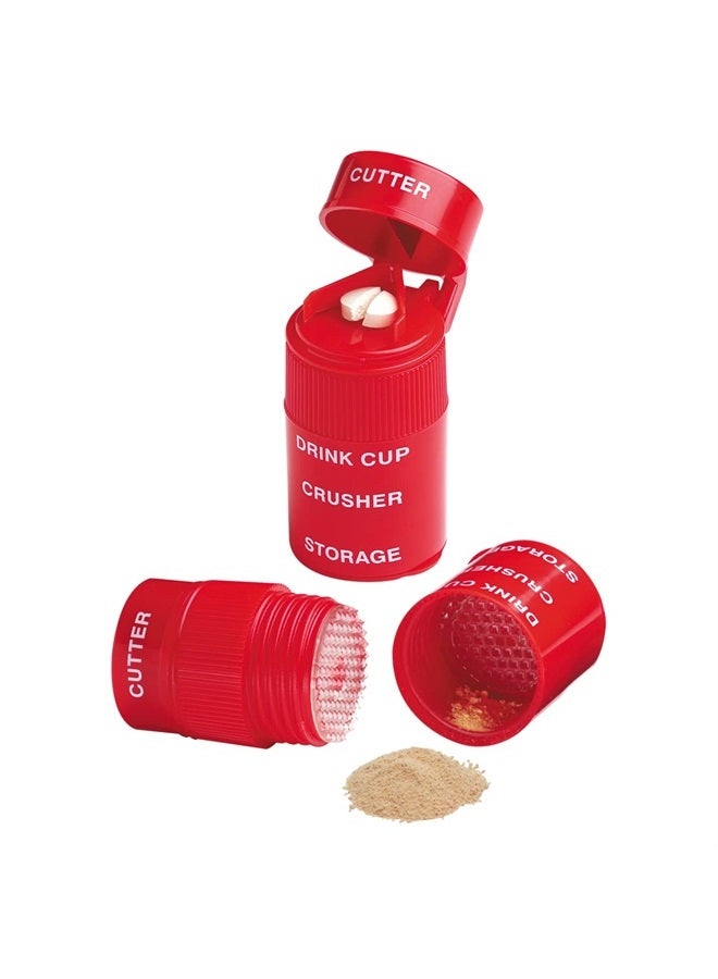 Ezy Dose كسارة حبوب بثلاثة أقسام، قاطع وطاحن، للاستخدام اليومي، قطع الحبوب بأمان، الفيتامينات، الأقراص، قطع دقيقة وسهلة، شفرة من الفولاذ المقاوم للصدأ، كوب شرب قابل للإزالة، أحمر، خالي من BPA - Image 1