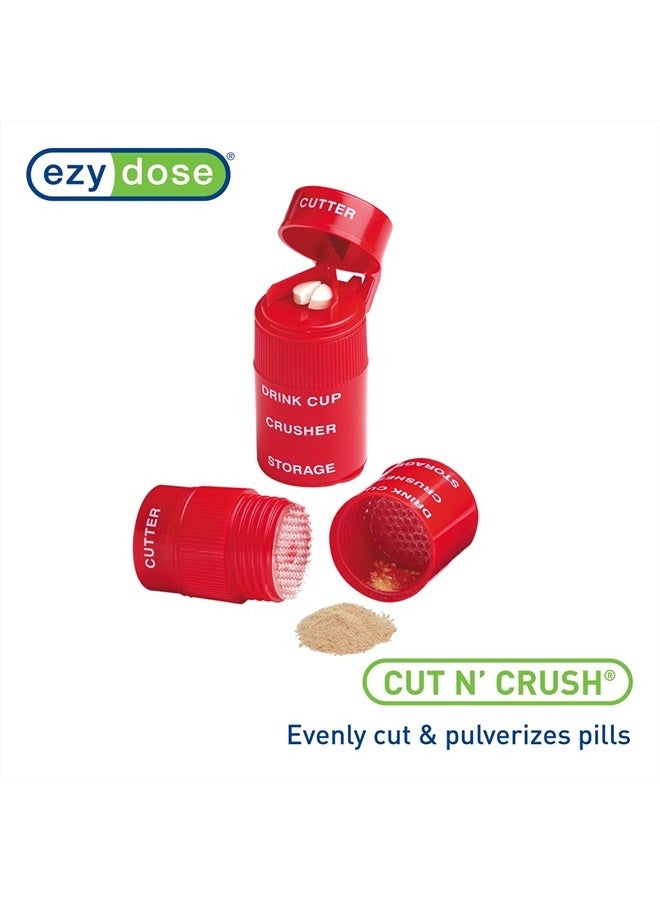 Ezy Dose كسارة حبوب بثلاثة أقسام، قاطع وطاحن، للاستخدام اليومي، قطع الحبوب بأمان، الفيتامينات، الأقراص، قطع دقيقة وسهلة، شفرة من الفولاذ المقاوم للصدأ، كوب شرب قابل للإزالة، أحمر، خالي من BPA - Image 4