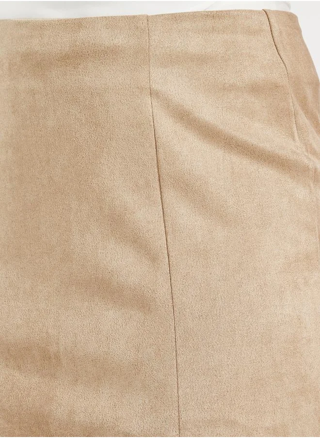 Styli Suede Look Knee Length Skirt with Curved Split