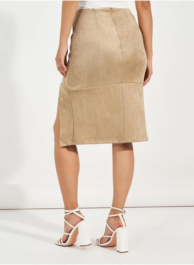Styli Suede Look Knee Length Skirt with Curved Split