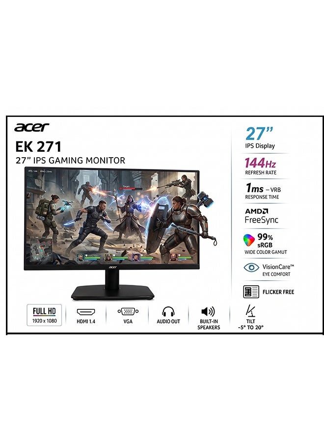 Acer EK271 P6 27" FHD Gaming Monitor - 144Hz, 1ms, IPS, HDMI, Speakers, AMD FreeSync for PC and PS5, Black Black - Image 1