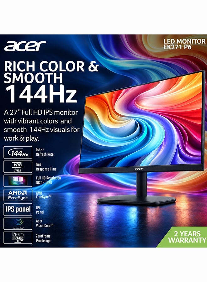 أيسر شاشة EK271 P6 بحجم 27 بوصة بتقنية ZeroFrame FHD IPS سوبر كومفورت (1920x1080) 144Hz، VGA، AMD FreeSync، HDMI، 1ms ومكبر صوت مدمج - Image 2