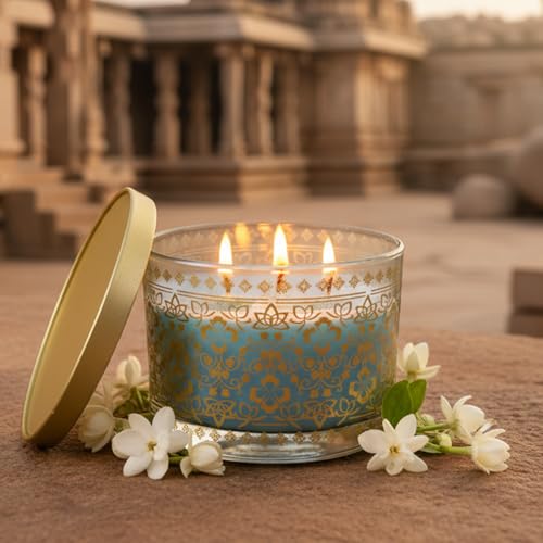 EKAM 2025–26 Festive Fragrance Gift| Scented 3 Wick Candle| Mogra | Inspired by Stone Palace | 28-Hour Burn | Essential Oil Infused | Gift Box for Festive Celebrations, Weddings, Giveaways, etc. - Image 1