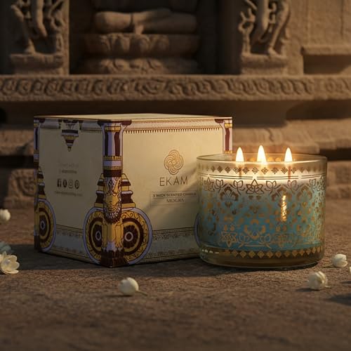 EKAM 2025–26 Festive Fragrance Gift| Scented 3 Wick Candle| Mogra | Inspired by Stone Palace | 28-Hour Burn | Essential Oil Infused | Gift Box for Festive Celebrations, Weddings, Giveaways, etc. - Image 2