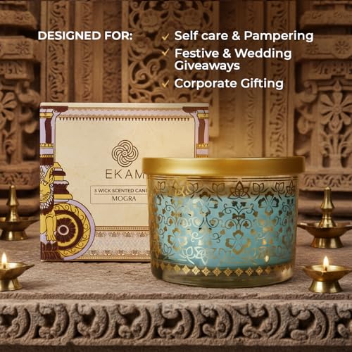 EKAM 2025–26 Festive Fragrance Gift| Scented 3 Wick Candle| Mogra | Inspired by Stone Palace | 28-Hour Burn | Essential Oil Infused | Gift Box for Festive Celebrations, Weddings, Giveaways, etc. - Image 3