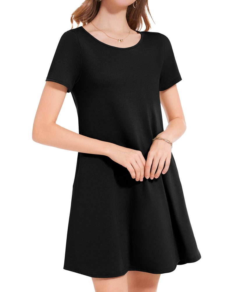 elescat Fall Dresses for Women Casual with Pockets Summer Mini Beach Sundress Short Sleeve Loose Fit(Black,XL) - Image 5