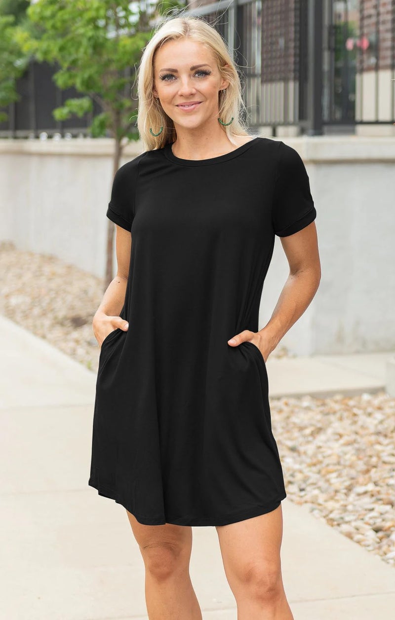 elescat Fall Dresses for Women Casual with Pockets Summer Mini Beach Sundress Short Sleeve Loose Fit(Black,XL) - Image 3