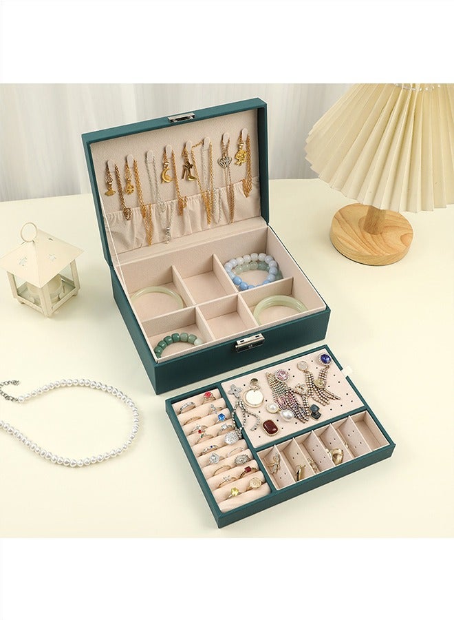 مجوهرات مربع للنساء الفتيات ، 2 طبقات مجوهرات المنظم الحاويات مع قفل ، بو الجلود حالة التخزين مع علبة قابلة للإزالة ، مجوهرات عرض حامل للقلائد أقراط أساور خواتم الساعات ، للماء ومكافحة جلخ-الأخضر - Image 2