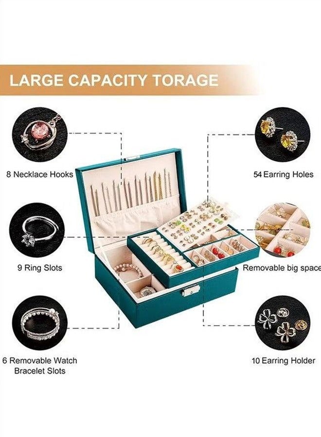مجوهرات مربع للنساء الفتيات ، 2 طبقات مجوهرات المنظم الحاويات مع قفل ، بو الجلود حالة التخزين مع علبة قابلة للإزالة ، مجوهرات عرض حامل للقلائد أقراط أساور خواتم الساعات ، للماء ومكافحة جلخ-الأخضر - Image 4