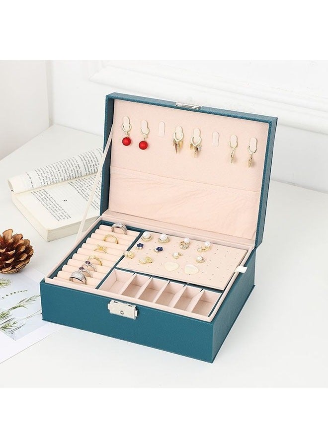 مجوهرات مربع للنساء الفتيات ، 2 طبقات مجوهرات المنظم الحاويات مع قفل ، بو الجلود حالة التخزين مع علبة قابلة للإزالة ، مجوهرات عرض حامل للقلائد أقراط أساور خواتم الساعات ، للماء ومكافحة جلخ-الأخضر - Image 1