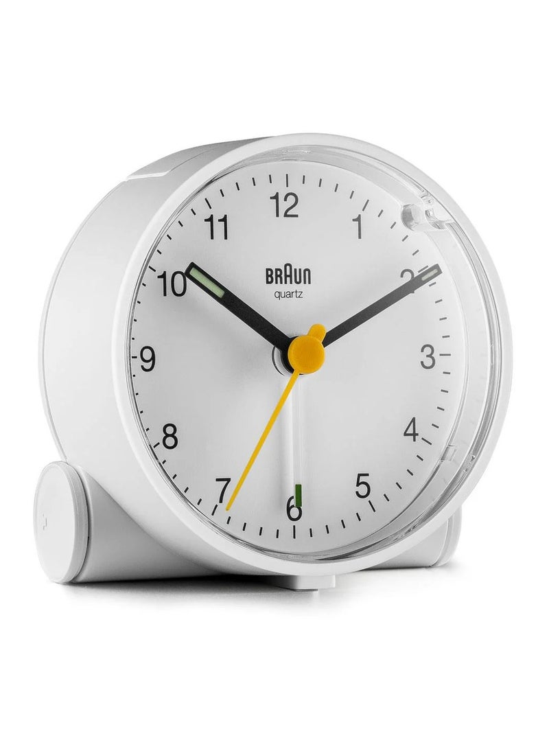 Braun Classic Analogue Clock with Snooze and Light, Quiet Quartz Movement, Crescendo Beep Alarm in White, Model BC01W, One size
