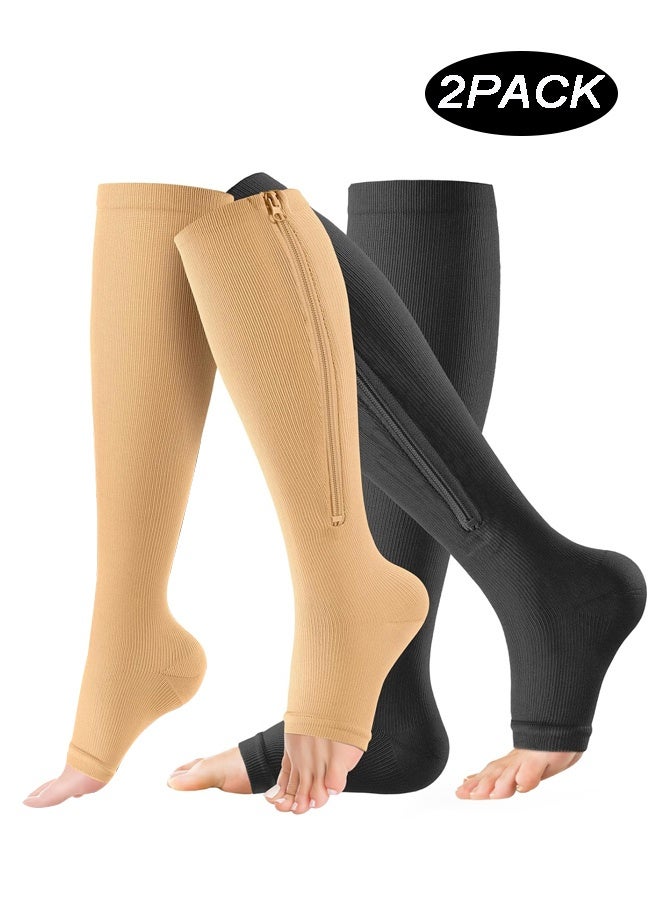 2 Pairs Zipper Compression Socks, Open Toe Compression Stockings for Men Women 15-20mmHg (L/XL Size)