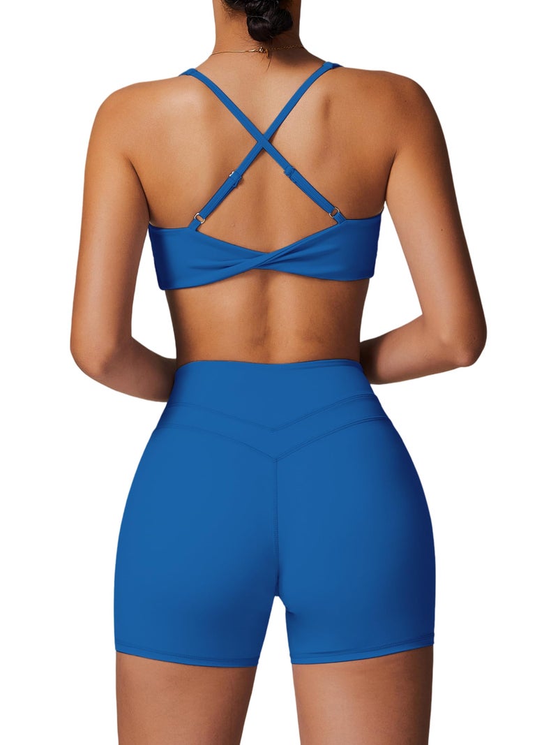 ABOCIW Womens Workout Sets V Neck Twist Back Sports Bra High Waist Biker Shorts 2 Piece Gym Yoga Outfits Rolyal Blue Medium