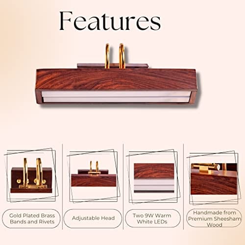 Green House 100% Handmade Sheesham Wood Picture Light/9W+9W Two Inbuilt LED/Warm White/1 Feet Wide/Gold Plated Bands/Brass Moving Set/RivetsHome/Office Decor - Rosewood - Image 3