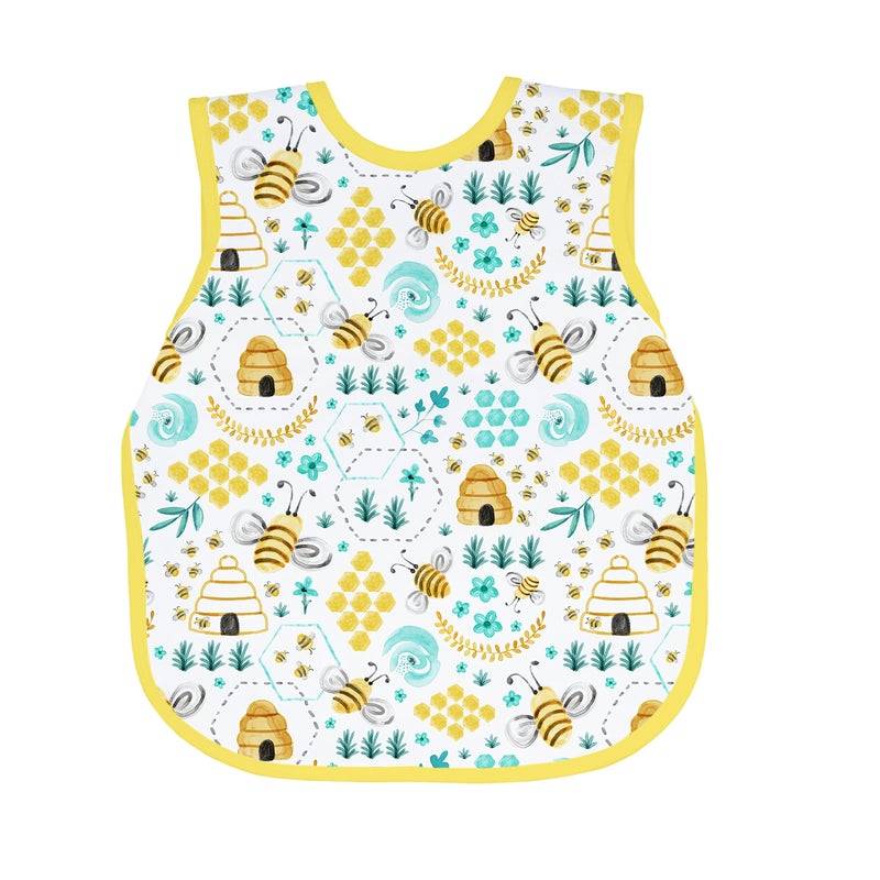 BapronBaby Busy Bees Bapron - No Neck Tie Safer Bib for Baby & Toddler - Soft Waterproof Stain Resistant - Machine Washable - Sz Baby/Toddler 6m-3T - Image 1