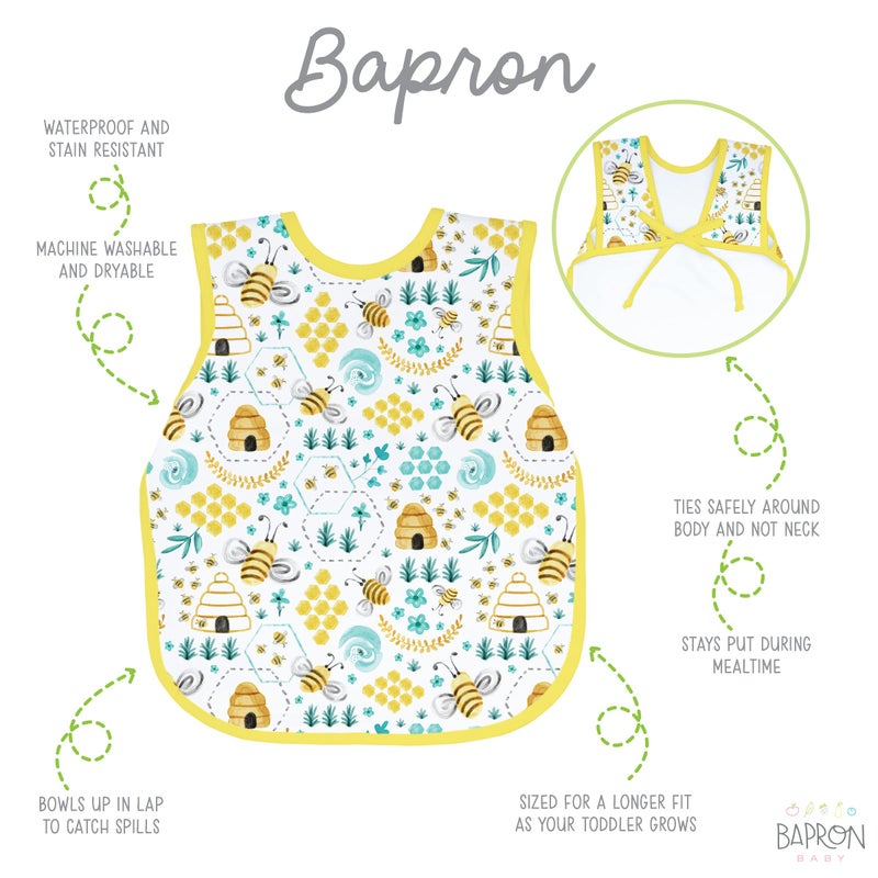 BapronBaby Busy Bees Bapron - No Neck Tie Safer Bib for Baby & Toddler - Soft Waterproof Stain Resistant - Machine Washable - Sz Baby/Toddler 6m-3T - Image 2