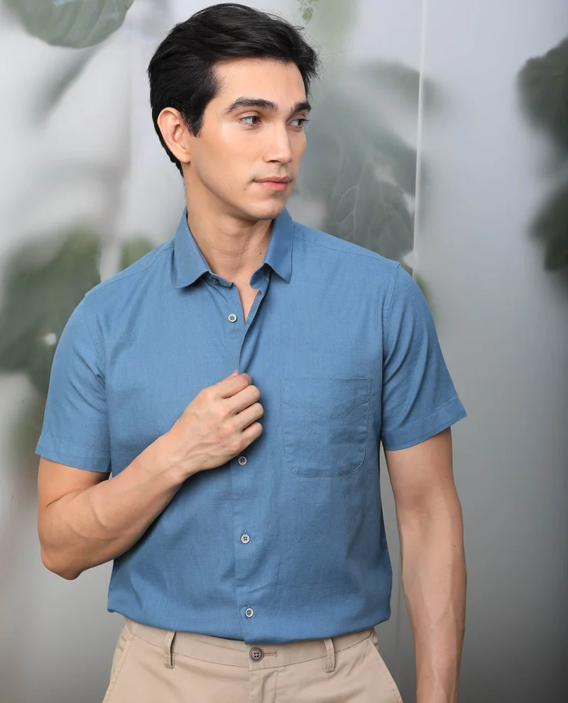 Rare Rabbit Rare Rabbit Mens Darwin Blue Cotton Fabric Short Sleeves Regular Fit Solid Shirt