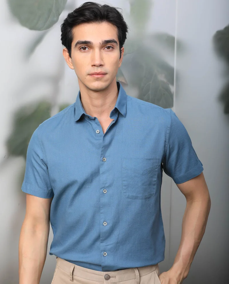 Rare Rabbit Rare Rabbit Mens Darwin Blue Cotton Fabric Short Sleeves Regular Fit Solid Shirt