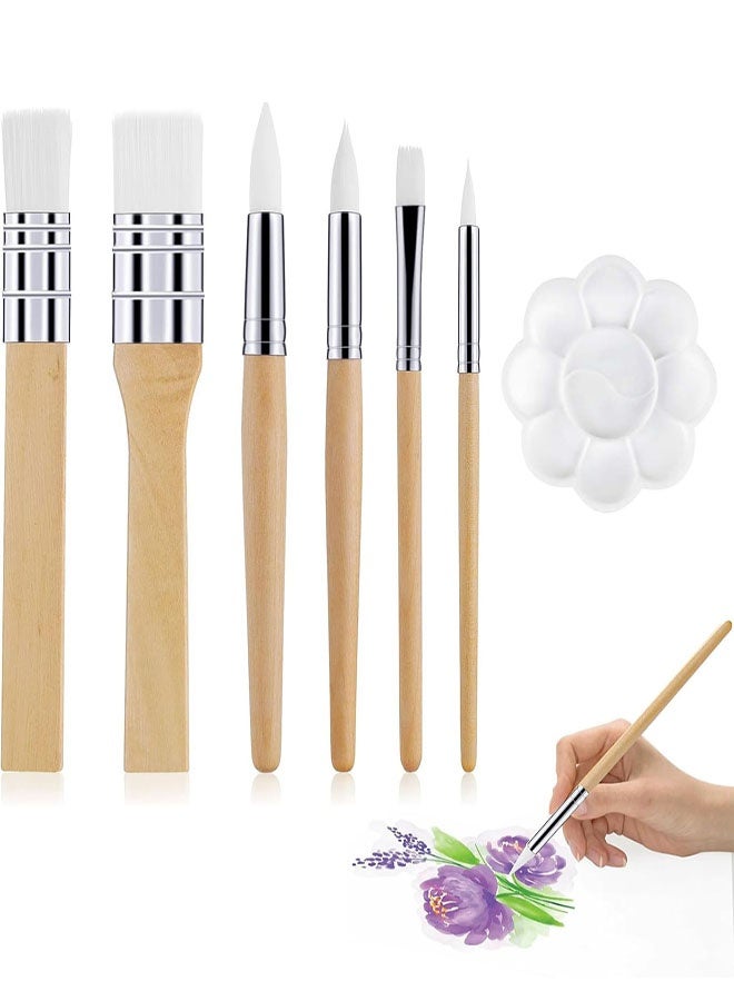 مجموعة فرشاة طلاء خشبية من 7 قطع ولوحة ألوان، 6 فرش بأحجام مختلفة مع لوحة خلط بلاستيكية للأكريليك والألوان المائية والرسم الزيتي والمشاريع الحرفية والإبداع الفني - Image 1