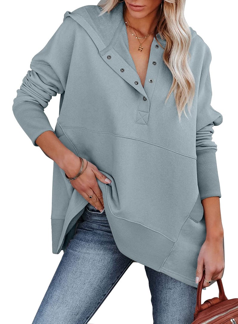onlypuff Sweatshirt for Women V Neck Pullover Hoodies Teen Girls Button Sweatshirt Long Sleeve Winter Warm Tops Pocket Moon Blue S - Image 1