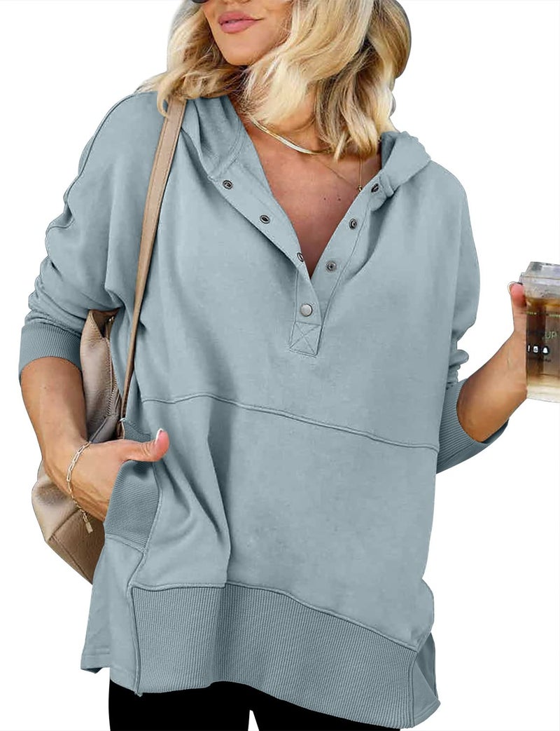 onlypuff Sweatshirt for Women V Neck Pullover Hoodies Teen Girls Button Sweatshirt Long Sleeve Winter Warm Tops Pocket Moon Blue S - Image 2