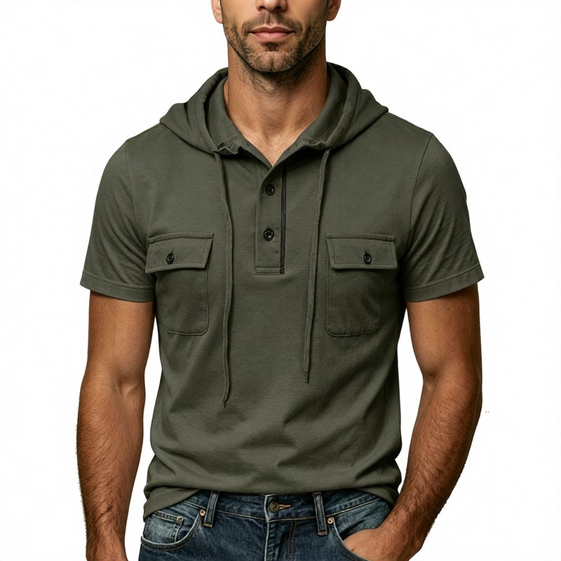 Men's Outdoor Double Pocket Hooded Henley T-Shirt Casual Pullover