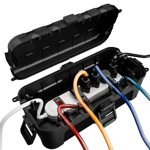 Flemoon صندوق كهربائي خارجي متوسط من فليموون (11.5x5.2x4 بوصة)، غطاء سلك تمديد مقاوم للماء IP54 مع 6 فتحات دخول كابل، صندوق اتصال مقاوم للعوامل الجوية لموزع الطاقة، مؤقت، قابس، أضواء العطلات، أسود - Image 1