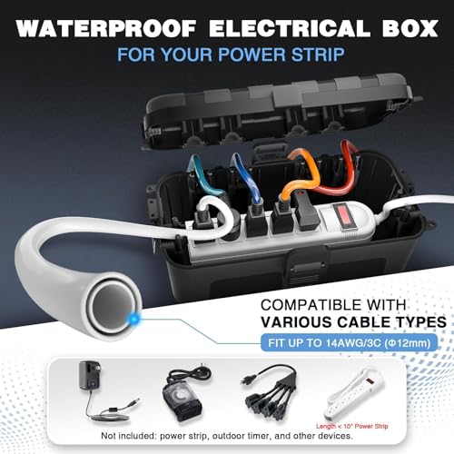 Flemoon صندوق كهربائي خارجي متوسط من فليموون (11.5x5.2x4 بوصة)، غطاء سلك تمديد مقاوم للماء IP54 مع 6 فتحات دخول كابل، صندوق اتصال مقاوم للعوامل الجوية لموزع الطاقة، مؤقت، قابس، أضواء العطلات، أسود - Image 2