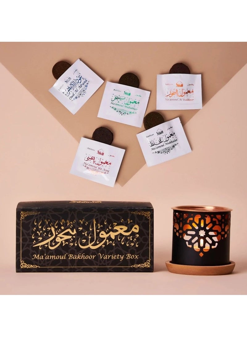 DUKHNI صندوق تنوع معمول بخور من دخني | مجموعة اكتشاف، مجموعة هدايا، سلة رمضان وصناديق هدايا العيد | بخور عود عربي أصيل متنوع | 20 قطعة بخور، 4 روائح فاخرة تدوم طويلاً - Image 1