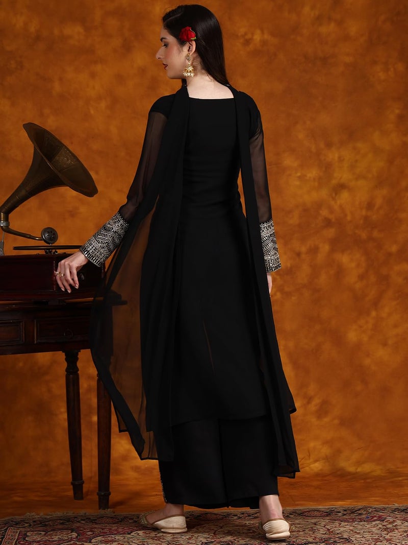 EthnicJunction Womens Georgette Solid Lace Work Kurta Pant And Dupatta Set Black, Medium - Image 5