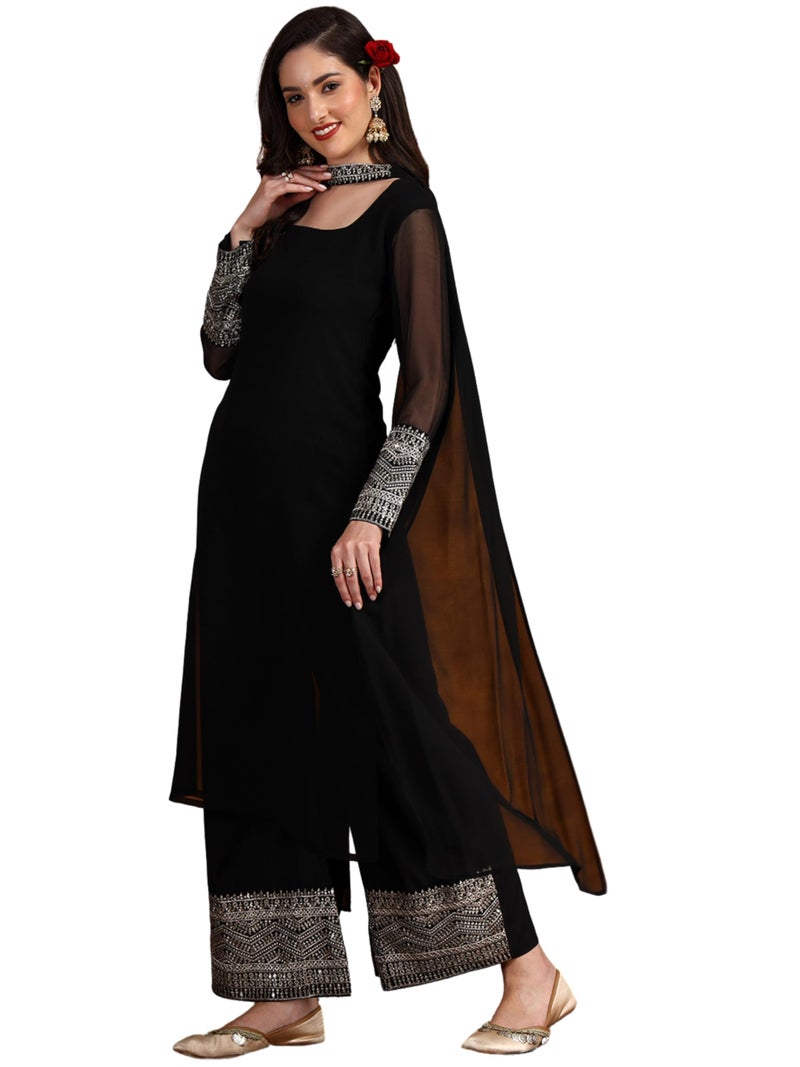 EthnicJunction Womens Georgette Solid Lace Work Kurta Pant And Dupatta Set Black, Medium - Image 1