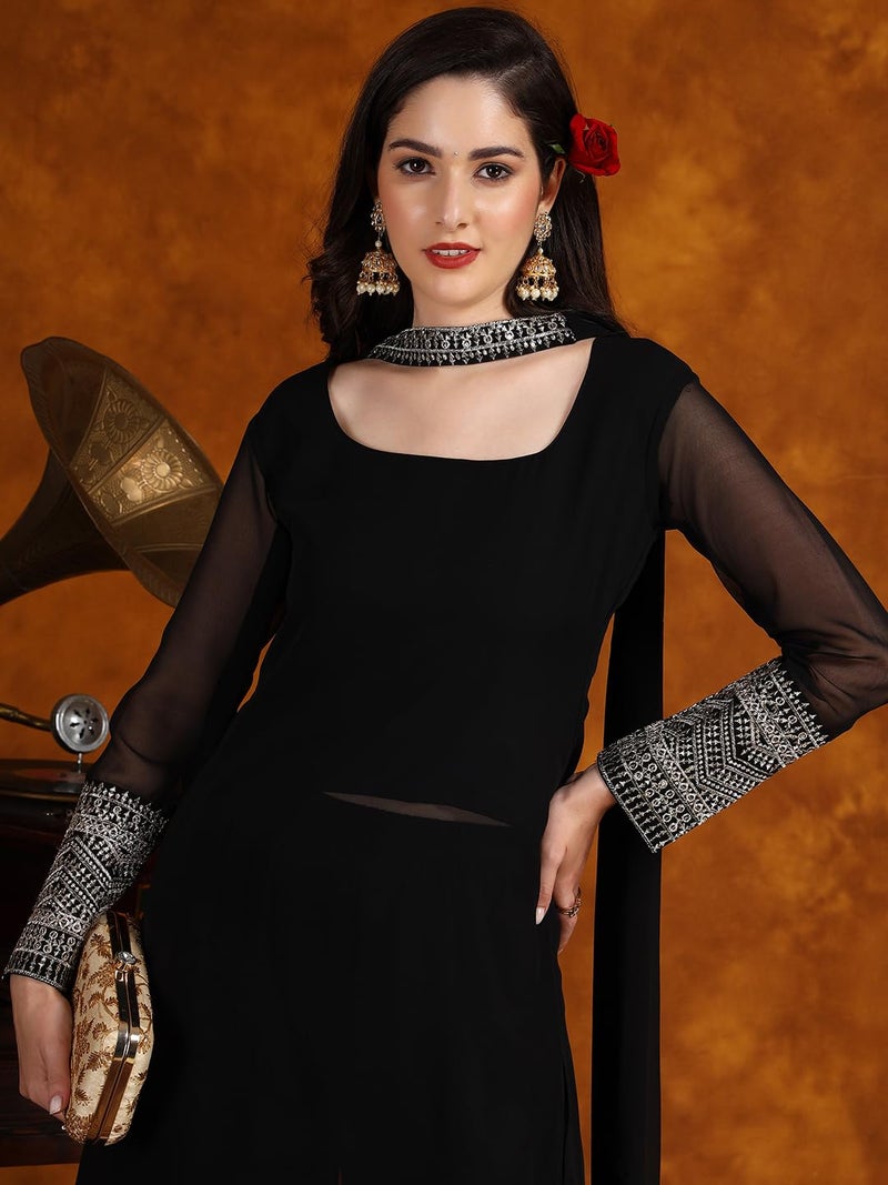 EthnicJunction Womens Georgette Solid Lace Work Kurta Pant And Dupatta Set Black, Medium - Image 4