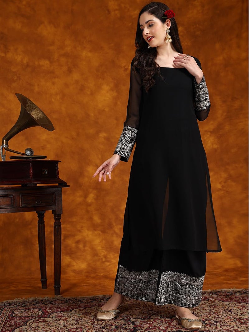 EthnicJunction Womens Georgette Solid Lace Work Kurta Pant And Dupatta Set Black, Medium - Image 3