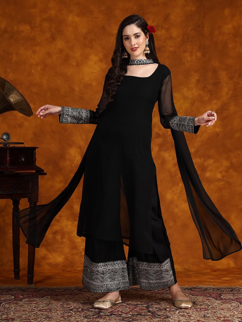 EthnicJunction Womens Georgette Solid Lace Work Kurta Pant And Dupatta Set Black, Medium - Image 2