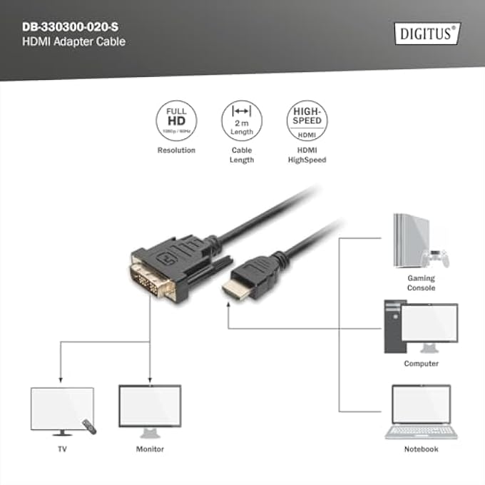 DIGITUS 2 M, HDMI/DVI-D 2 M HDMI DVI-D BLACK – ADAPTERS VIDEO CABLE (HDMI/DVI-D, HDMI, DVI-D, MALE, MALE, NICKEL, BLACK) - Image 2