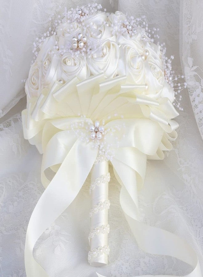 Gkvszy Ivory Bridal Wedding Bouquet Handmade with Rhinestone Pearl Ribbon Satin Rose Flower Bouquet for Bride Bridesmaid Quinceanera Bouquet Wedding Ivory 8.7in - Image 4