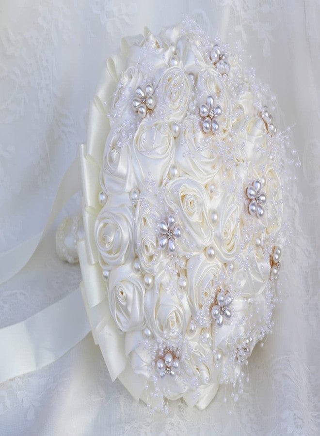 Gkvszy Ivory Bridal Wedding Bouquet Handmade with Rhinestone Pearl Ribbon Satin Rose Flower Bouquet for Bride Bridesmaid Quinceanera Bouquet Wedding Ivory 8.7in - Image 3