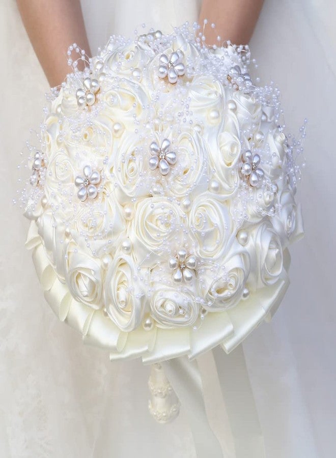 Gkvszy Ivory Bridal Wedding Bouquet Handmade with Rhinestone Pearl Ribbon Satin Rose Flower Bouquet for Bride Bridesmaid Quinceanera Bouquet Wedding Ivory 8.7in - Image 5