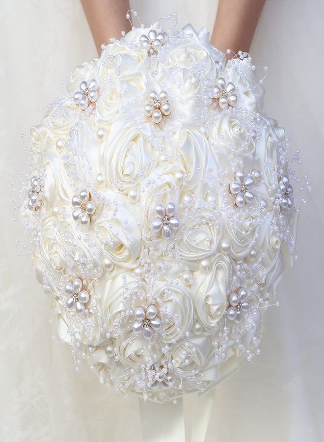 Gkvszy Ivory Bridal Wedding Bouquet Handmade with Rhinestone Pearl Ribbon Satin Rose Flower Bouquet for Bride Bridesmaid Quinceanera Bouquet Wedding Ivory 8.7in - Image 1