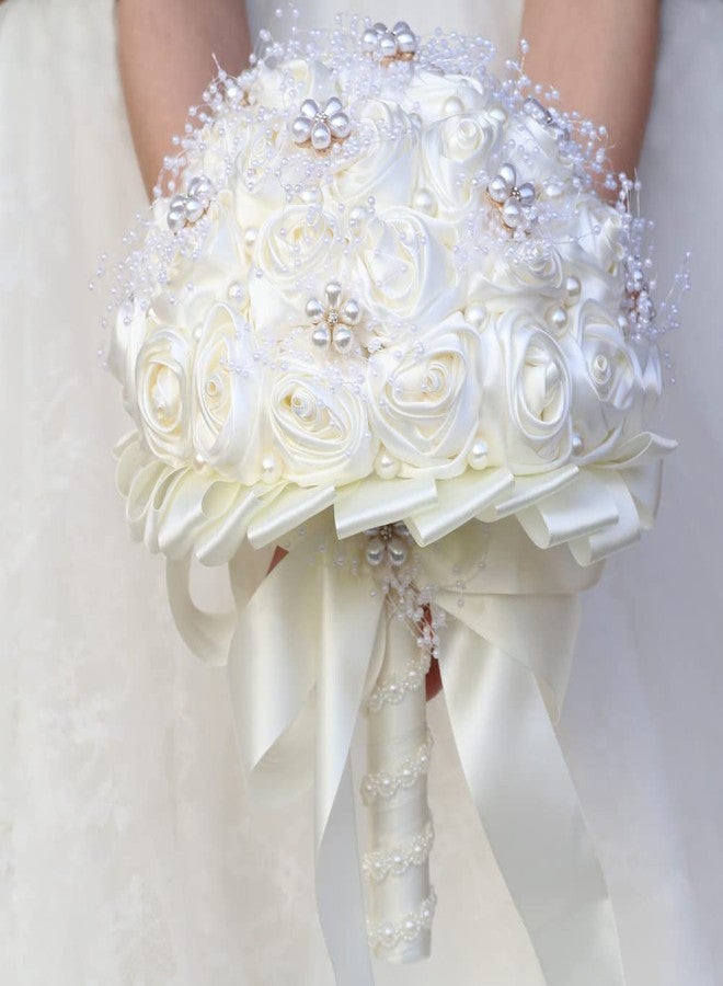 Gkvszy Ivory Bridal Wedding Bouquet Handmade with Rhinestone Pearl Ribbon Satin Rose Flower Bouquet for Bride Bridesmaid Quinceanera Bouquet Wedding Ivory 8.7in - Image 2