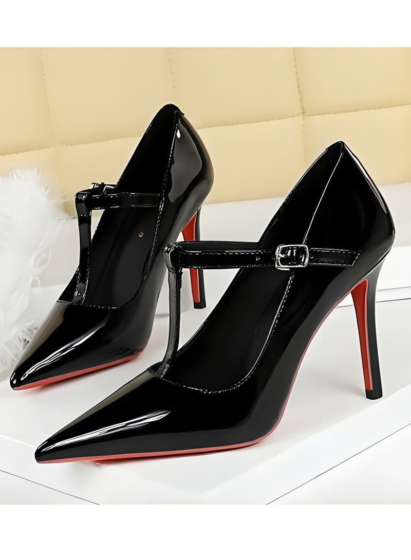 بيج تري مضخات ستيليتو النساء مغلقة إصبع القدم عالية الكعب مع حزام أسود 10CM - Image 1