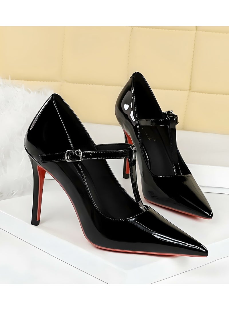 بيج تري مضخات ستيليتو النساء مغلقة إصبع القدم عالية الكعب مع حزام أسود 10CM - Image 2