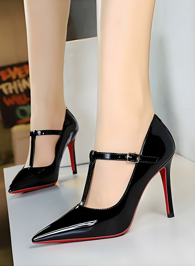 بيج تري مضخات ستيليتو النساء مغلقة إصبع القدم عالية الكعب مع حزام أسود 10CM - Image 3